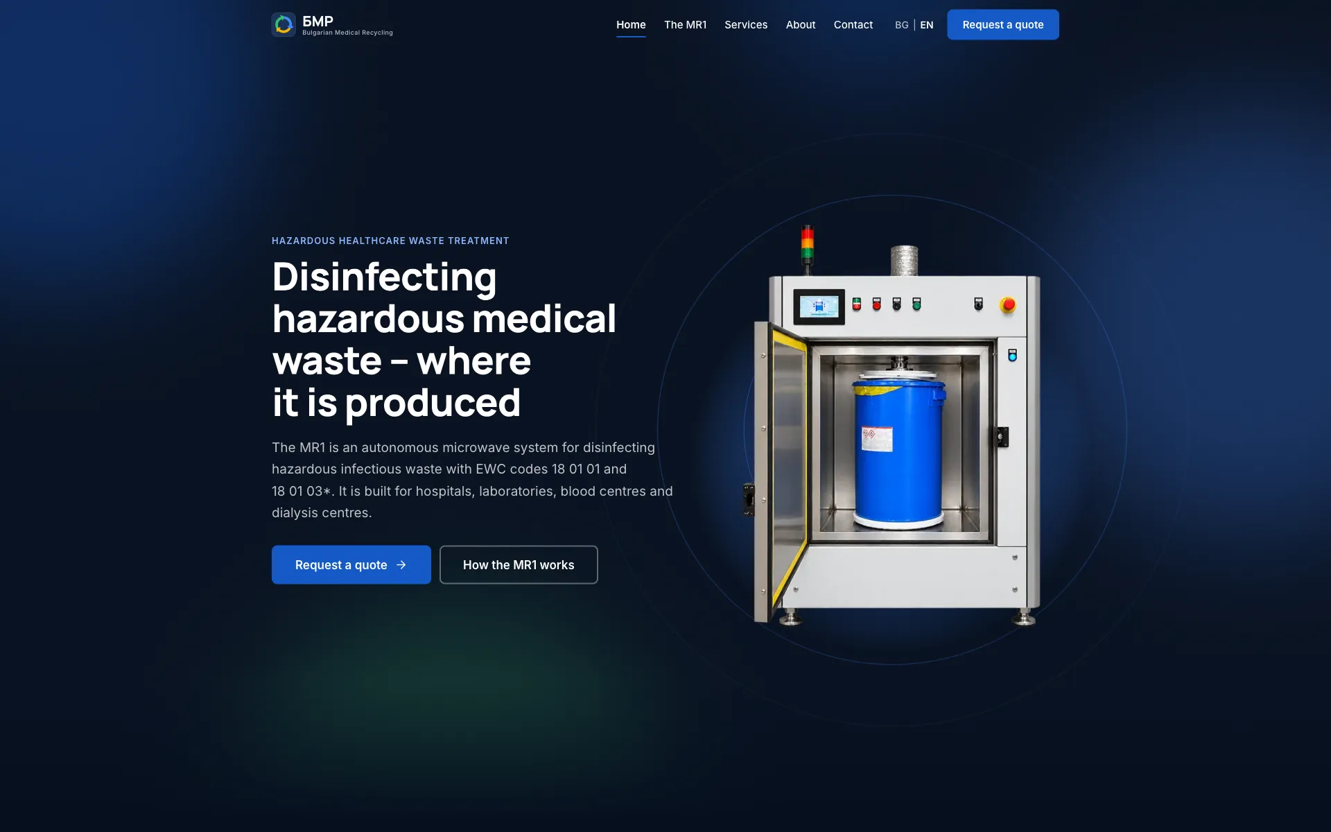 The home page of the disinfection system's website: the English headline 'Disinfecting hazardous medical waste – where it is produced', two buttons, and a photograph of the stainless-steel machine with its door open and a blue container inside.